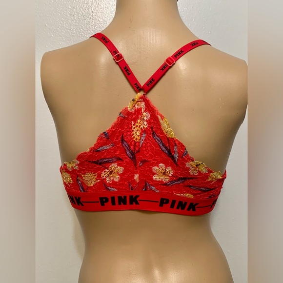 PINK Victoria’s Secret Bright Red Lace Floral Date Push Up Racerback 34C - Picture 3 of 8